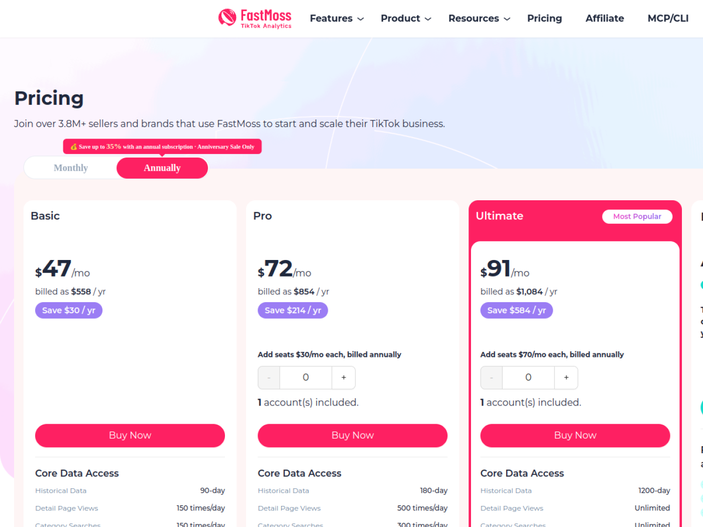 FastMoss pricing page showing annual plans: Basic $47, Pro $72, Ultimate $91 per month