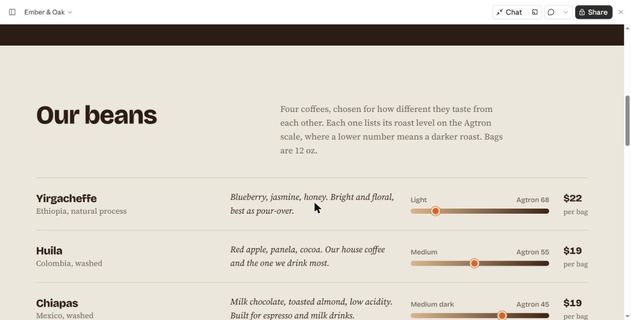 Our beans section with roast scale built by Claude using the frontend-design skill