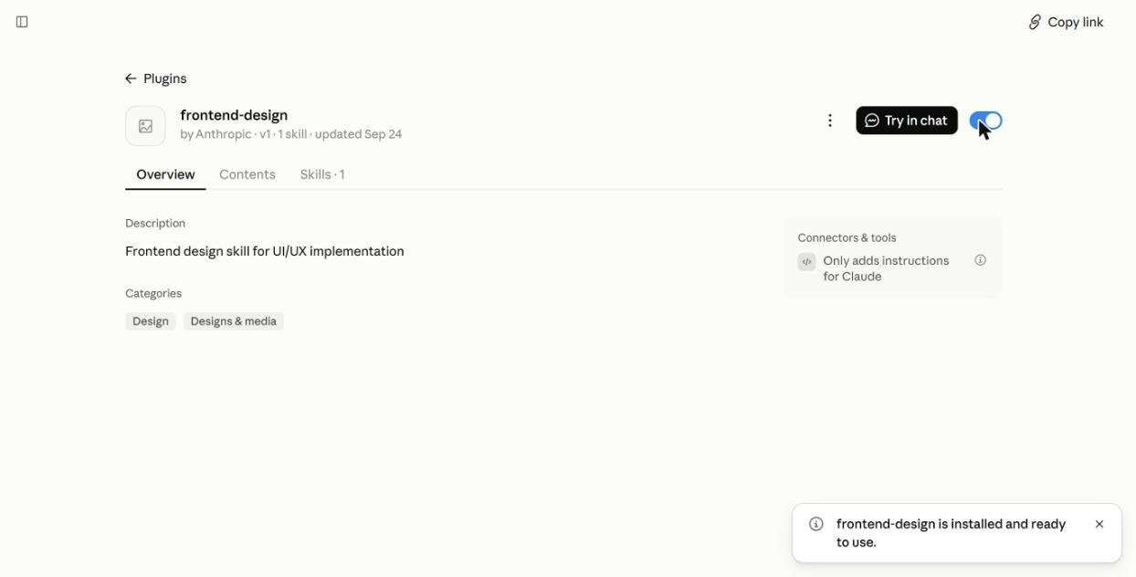 frontend-design skill by Anthropic installed in Claude with the toggle on