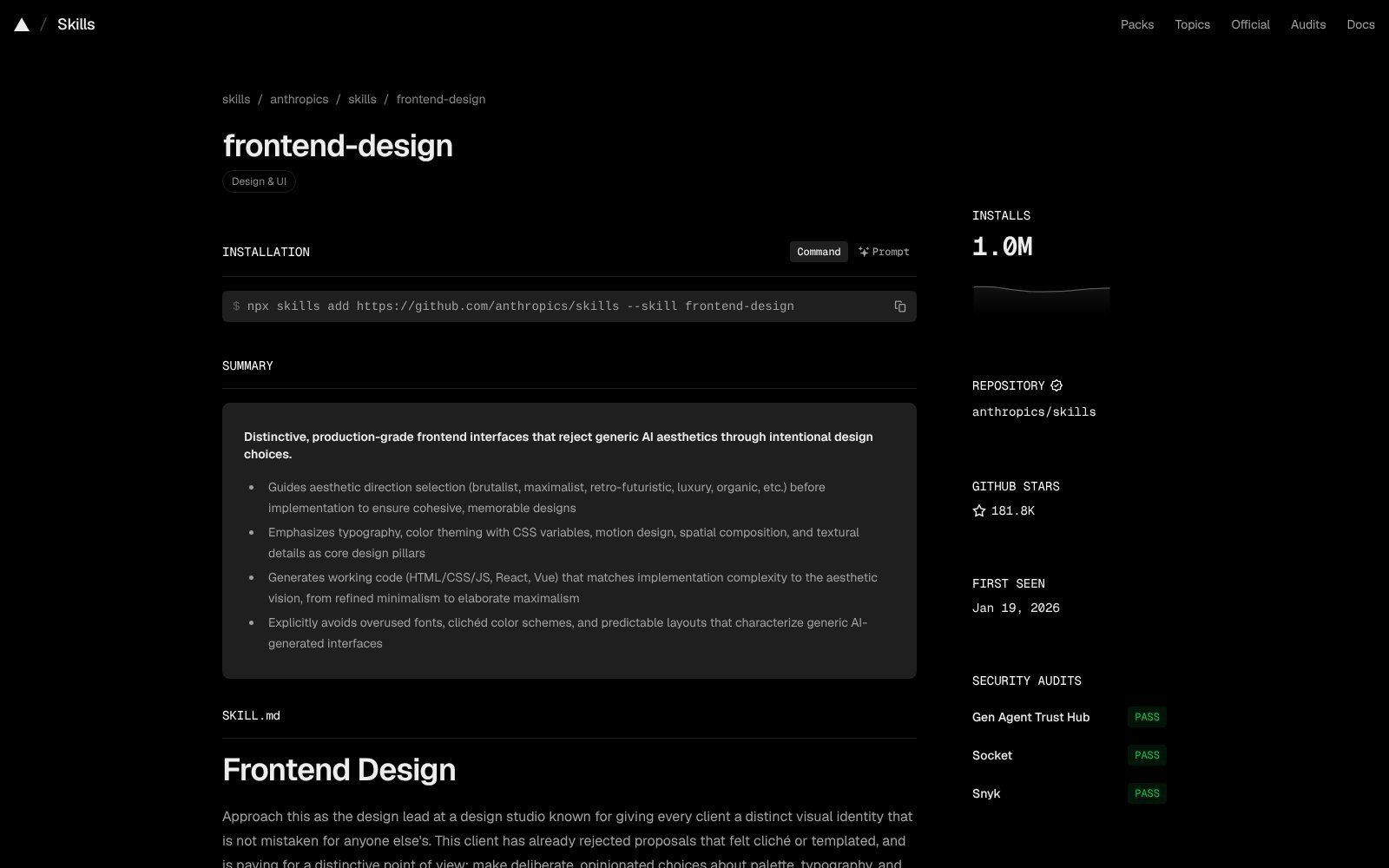 frontend-design skill page on skills.sh showing 1.0M installs and the npx skills add install command