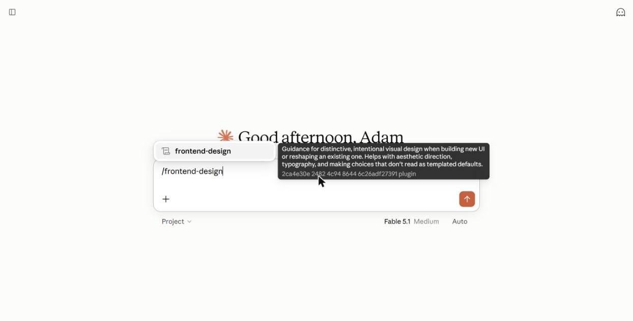 Typing /frontend-design in the Claude chat box shows the skill and its description