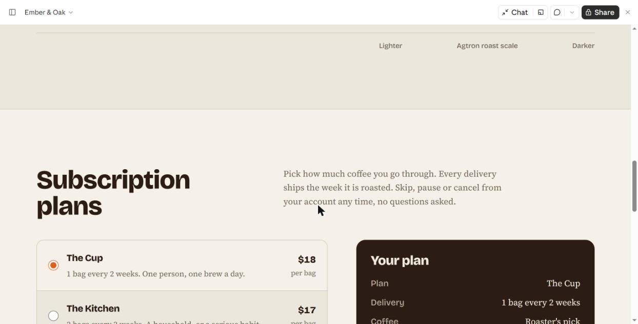 Interactive subscription plan picker with live Your plan summary built by Claude