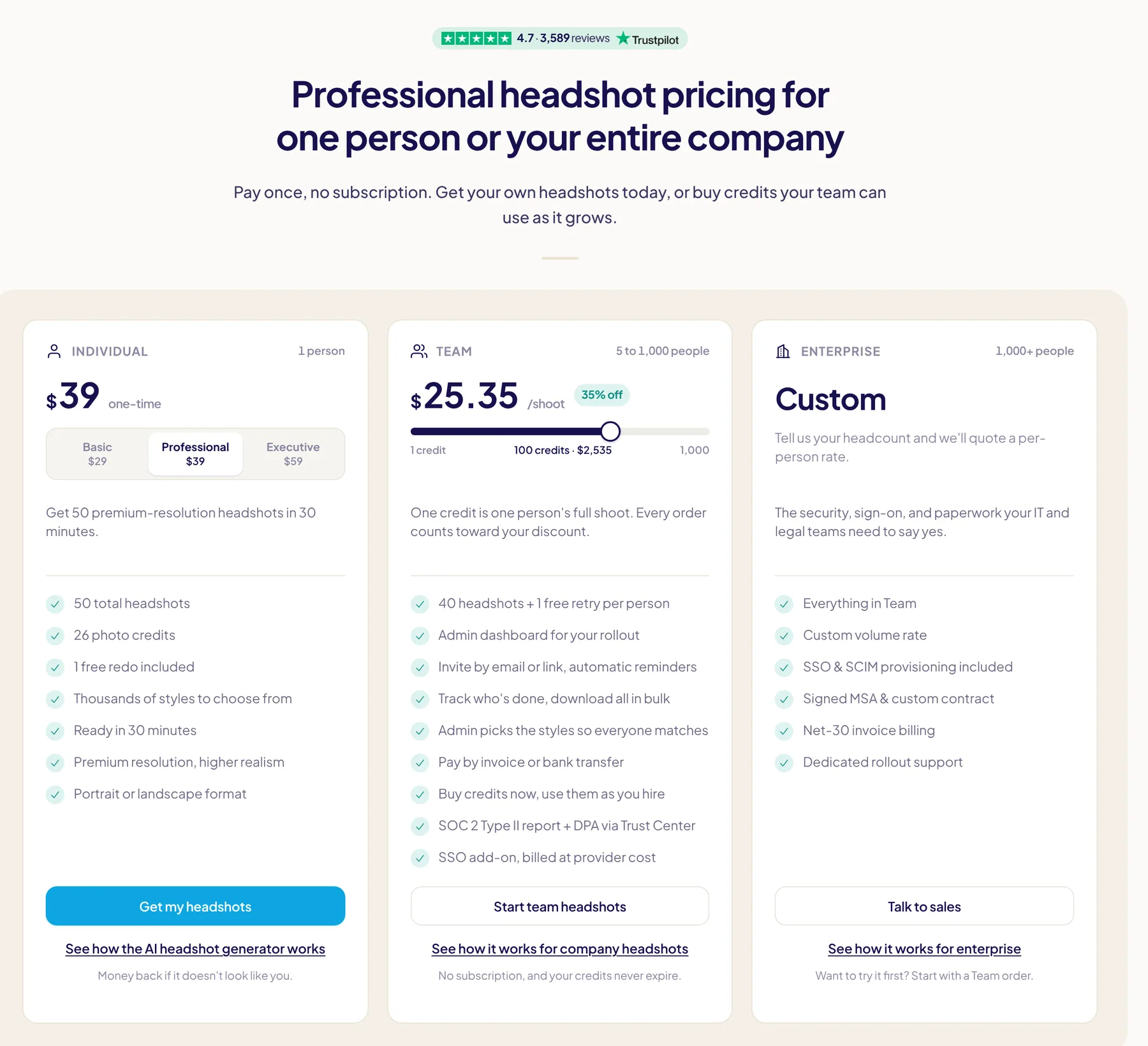 HeadshotPro pricing page with individual, team and enterprise AI headshot plans