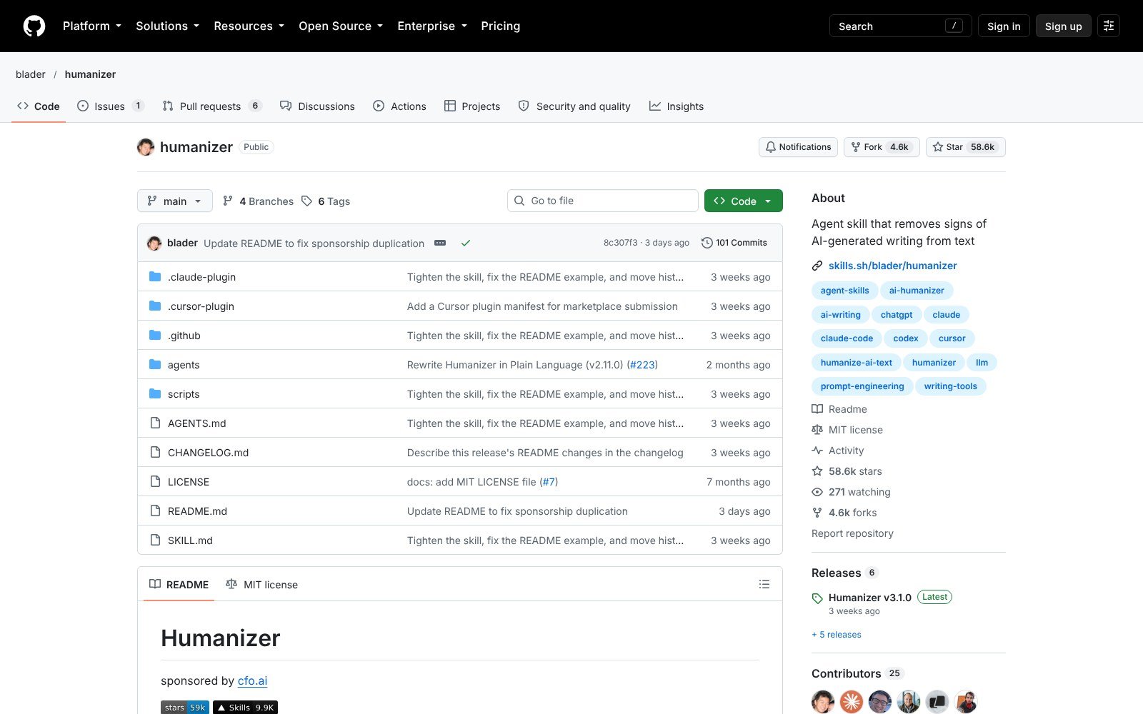 humanizer Claude skill repository on GitHub by blader