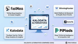 "Graphique comparatif des alternatives à Kalodata présentant les logos et fonctionnalités de FastMoss, WinningHunter, EchoTik, PiPiads et Kalodata."