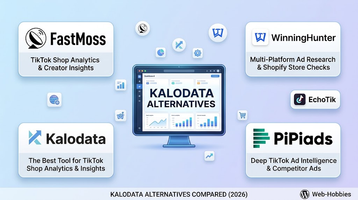 "Graphique comparatif des alternatives à Kalodata présentant les logos et fonctionnalités de FastMoss, WinningHunter, EchoTik, PiPiads et Kalodata."