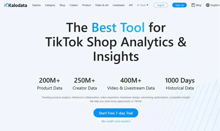 Kalodata homepage: TikTok Shop analytics with 200M+ products and 1000 days of data