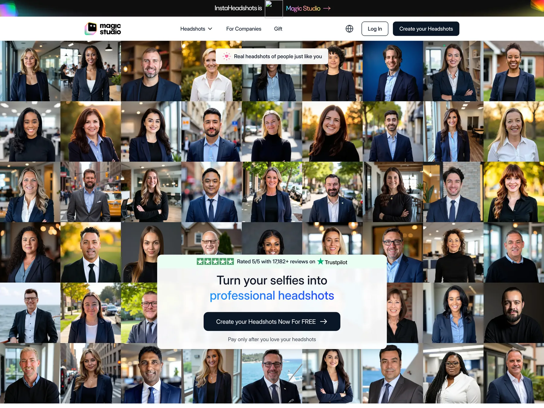 InstaHeadshots homepage now showing Magic Studio AI headshots with pay only after you love your headshots
