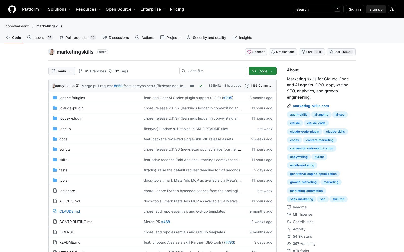 marketingskills GitHub repo by Corey Haines with SEO skills for Claude like seo-audit, ai-seo and schema
