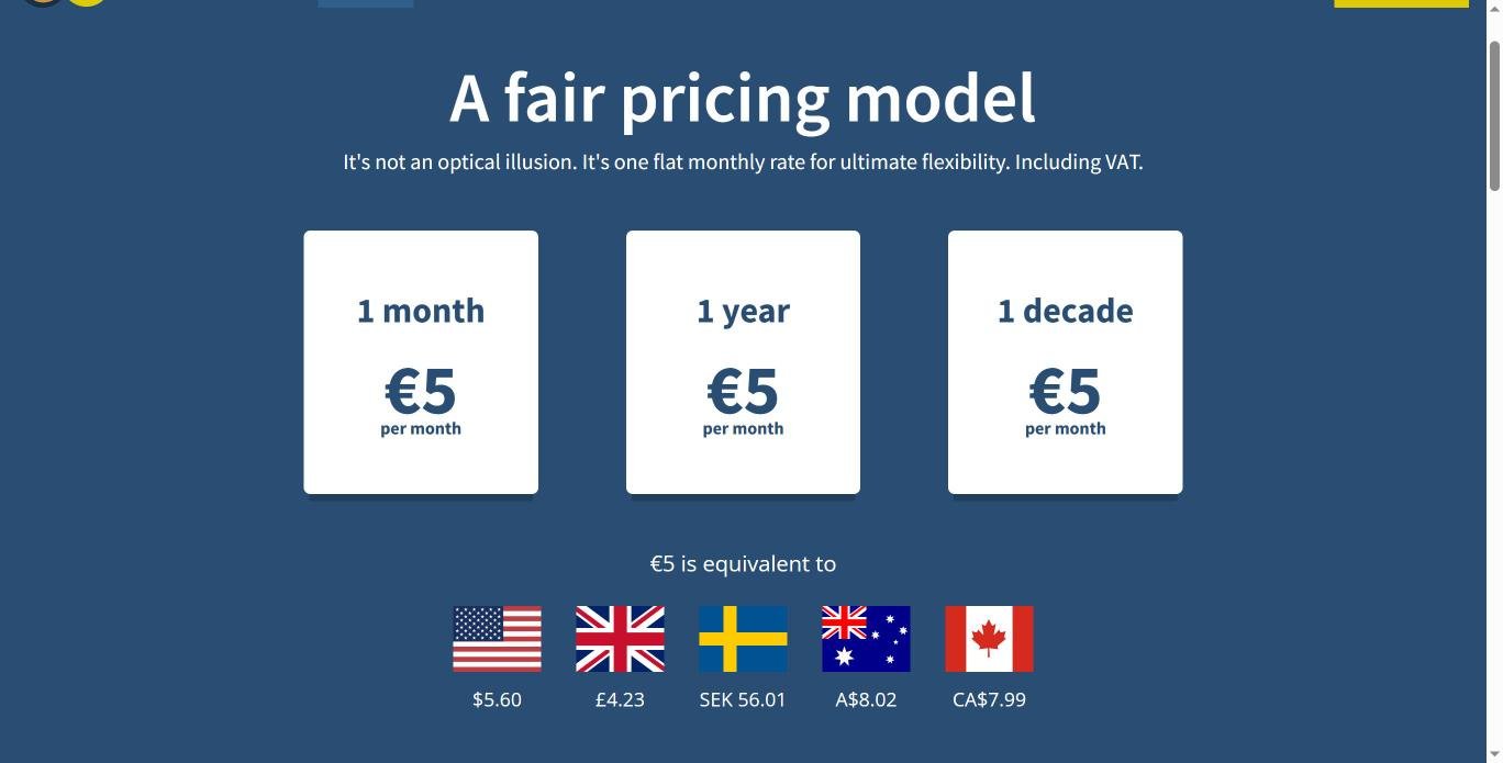 Mullvad VPN pricing page showing a flat 5 euro per month price