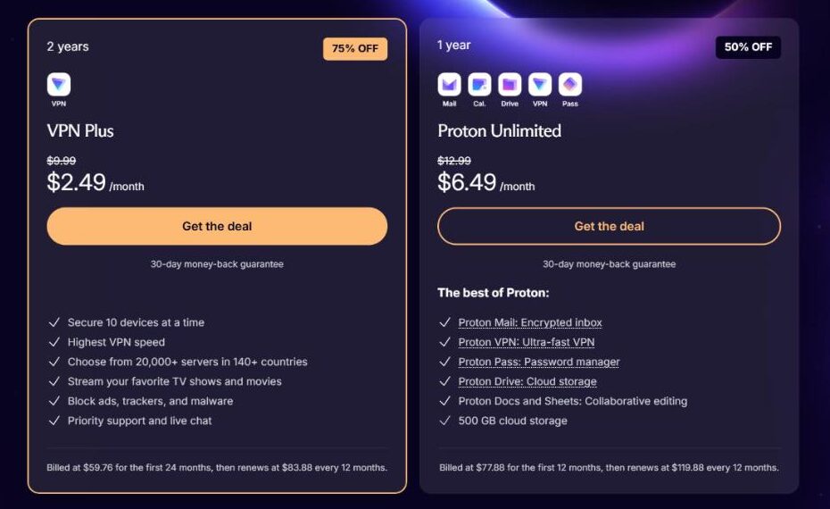 Proton VPN Black Friday offer page: VPN Plus .49/month 75% off and Proton Unlimited .49/month 50% off