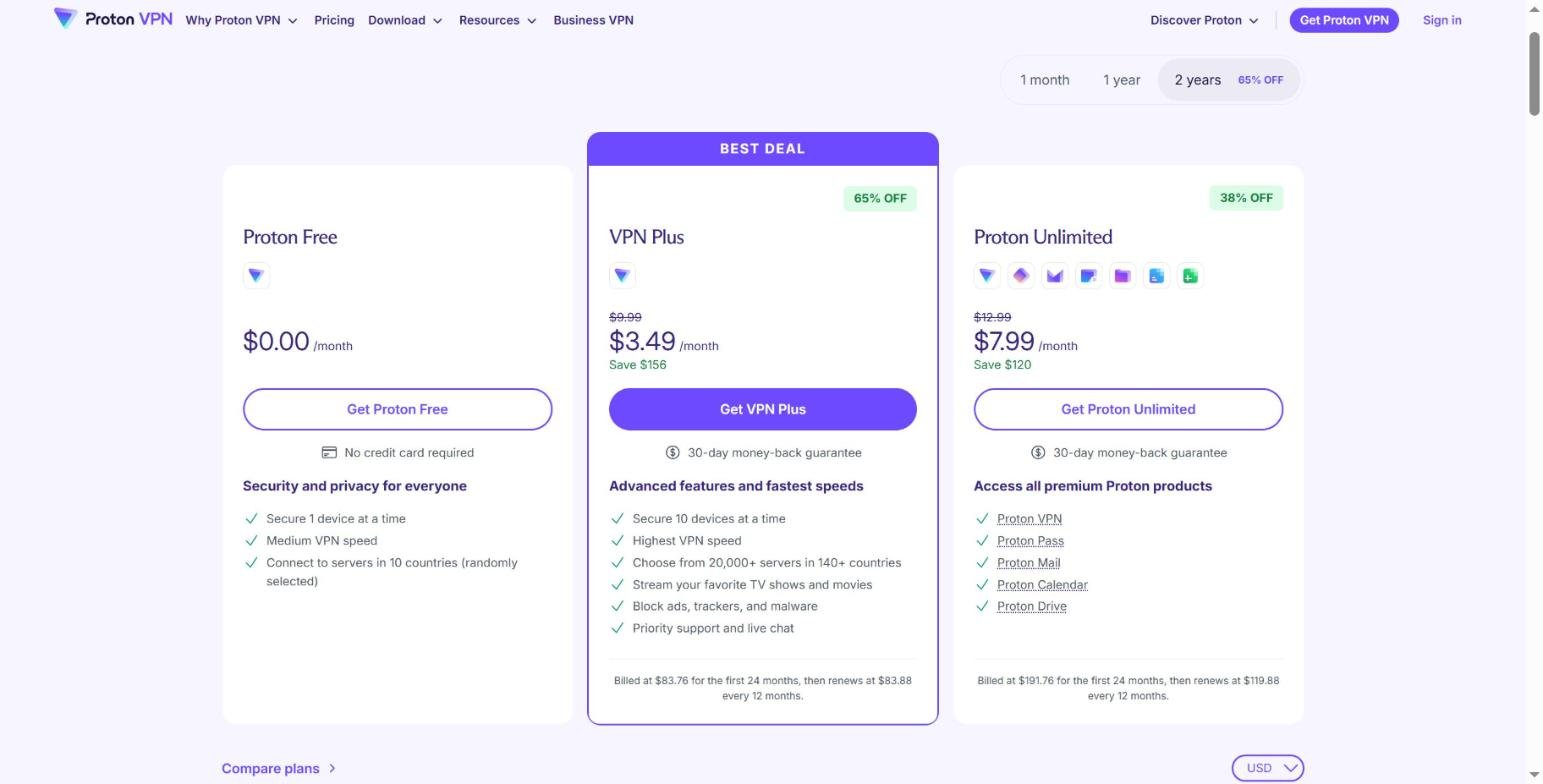 Proton VPN pricing page showing the free plan, VPN Plus and Proton Unlimited