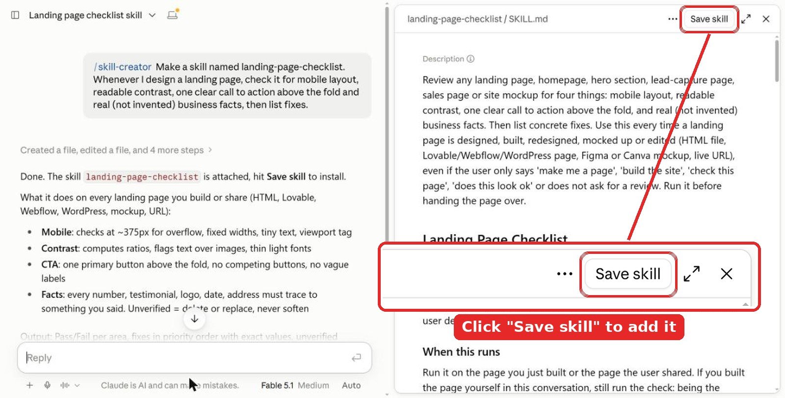 Claude skill-creator preview of a landing-page-checklist skill with the Save skill button highlighted and zoomed in