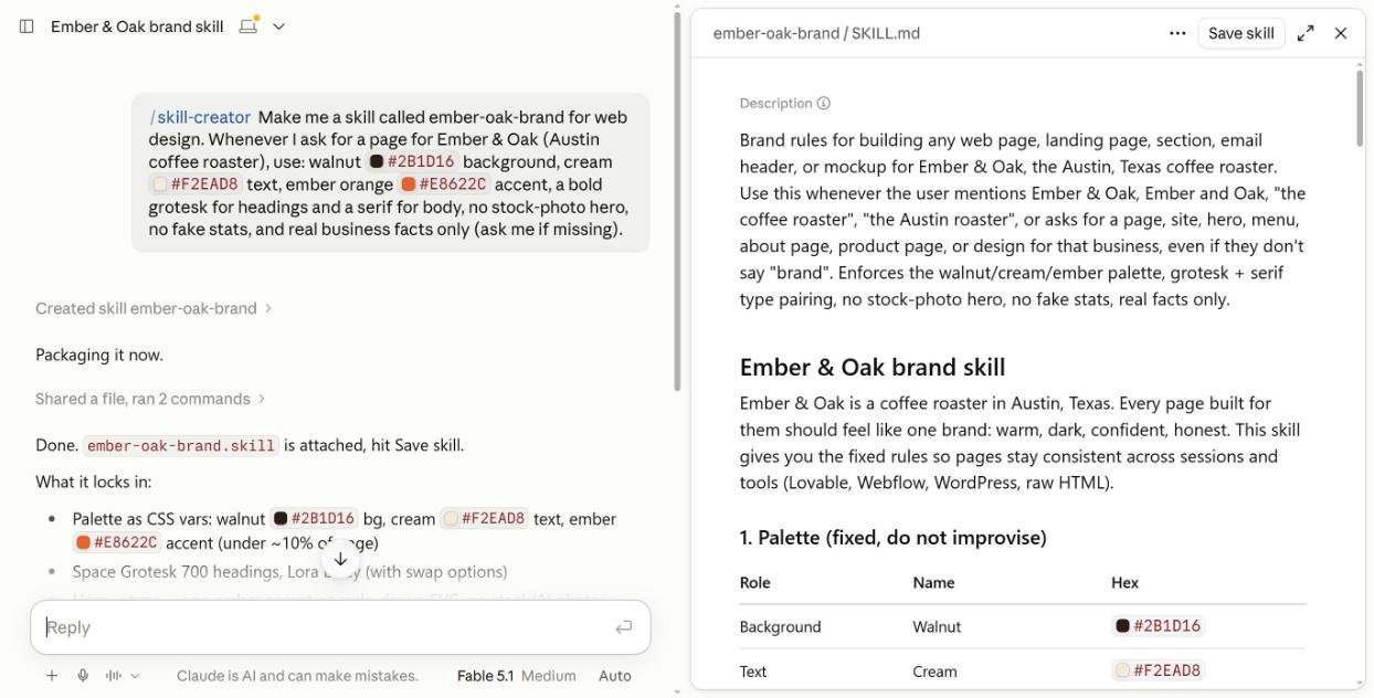 Claude skill-creator output: ember-oak-brand SKILL.md with brand palette rules and a Save skill button