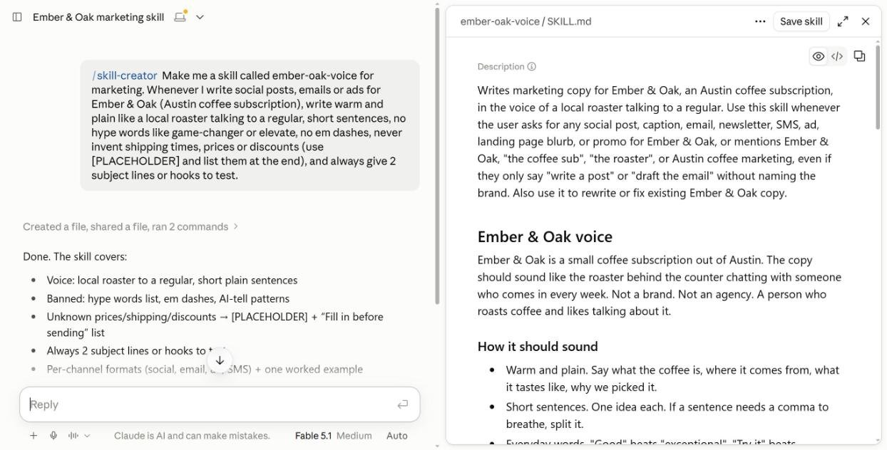 Claude skill-creator output: ember-oak-voice SKILL.md for a brand marketing voice with a Save skill button