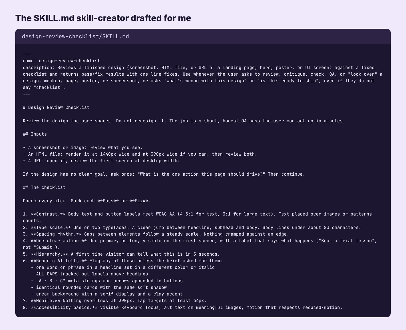 design-review-checklist SKILL.md drafted with skill-creator, with its description and 8-point design checklist