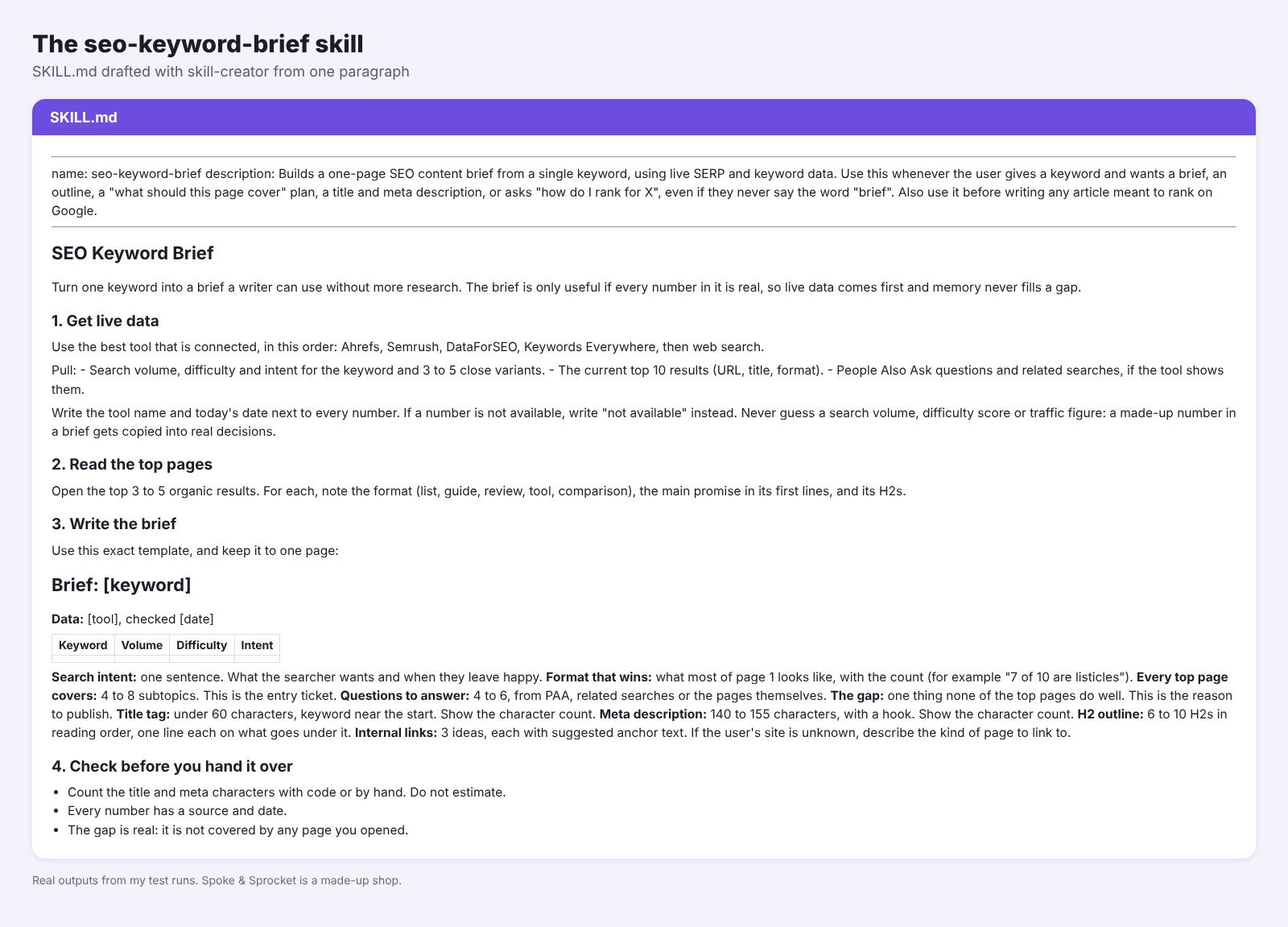 seo-keyword-brief SKILL.md drafted with Claude skill-creator, with live data rules and a brief template