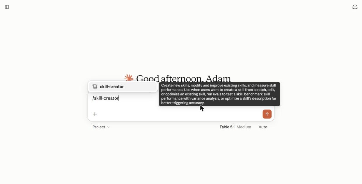 Typing /skill-creator in the Claude chat box shows the skill-creator skill and its description