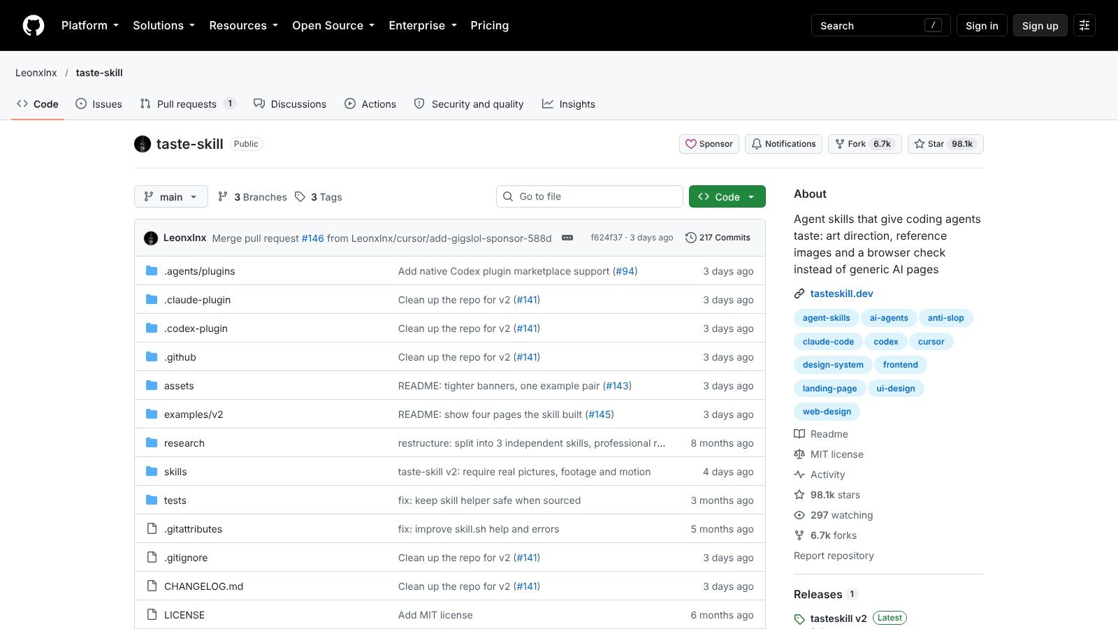 taste-skill GitHub repo by Leonxlnx, a UI taste skill for Claude Code