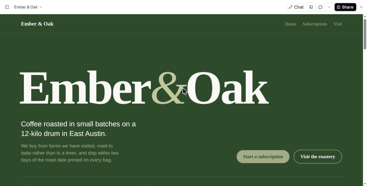 Coffee website hero restyled by the Claude theme-factory skill in the Forest Canopy theme