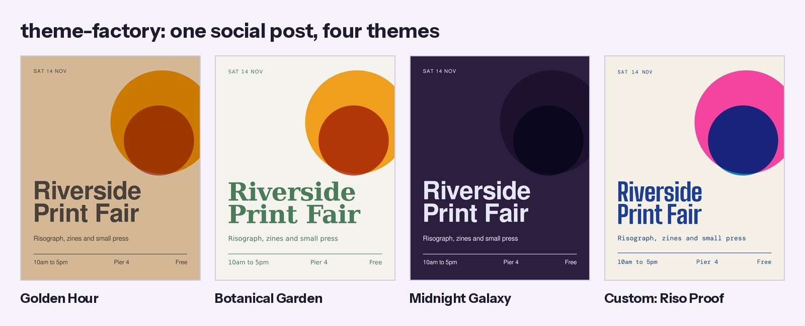 One Instagram post styled with the theme-factory skill in Golden Hour, Botanical Garden, Midnight Galaxy and a custom theme