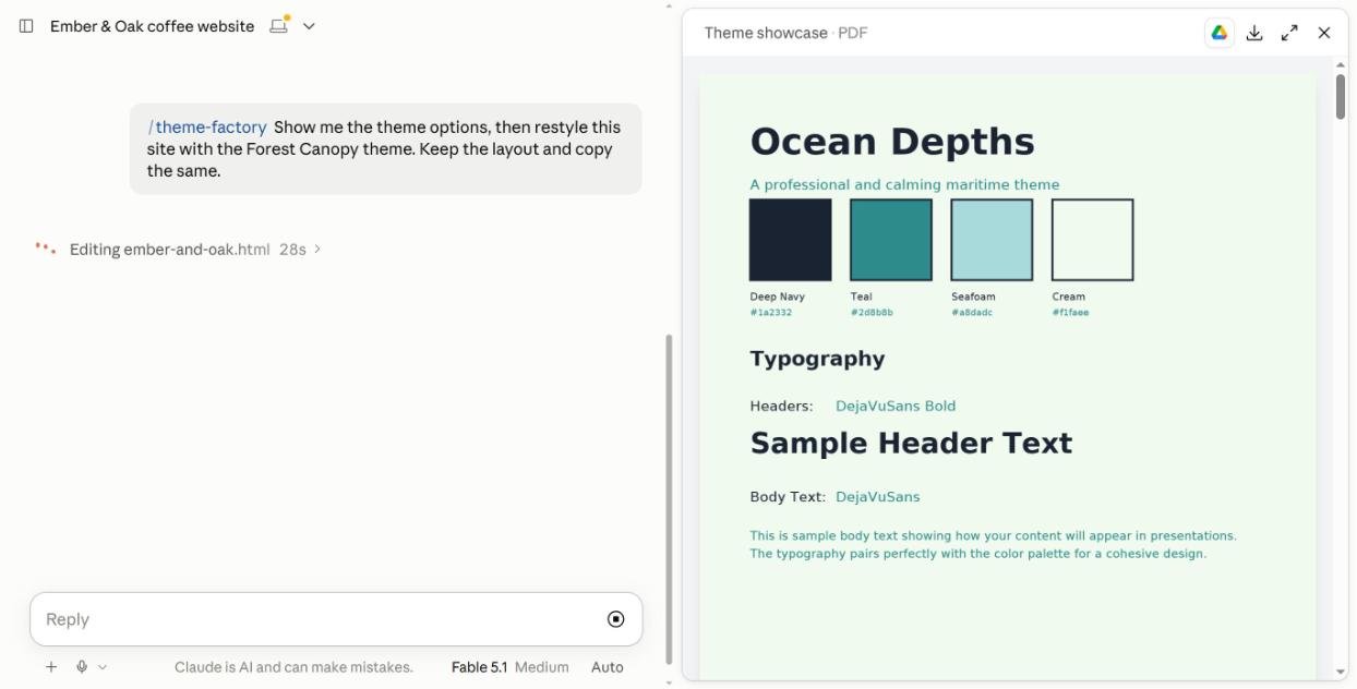 theme-factory theme showcase PDF in Claude showing the Ocean Depths palette and fonts