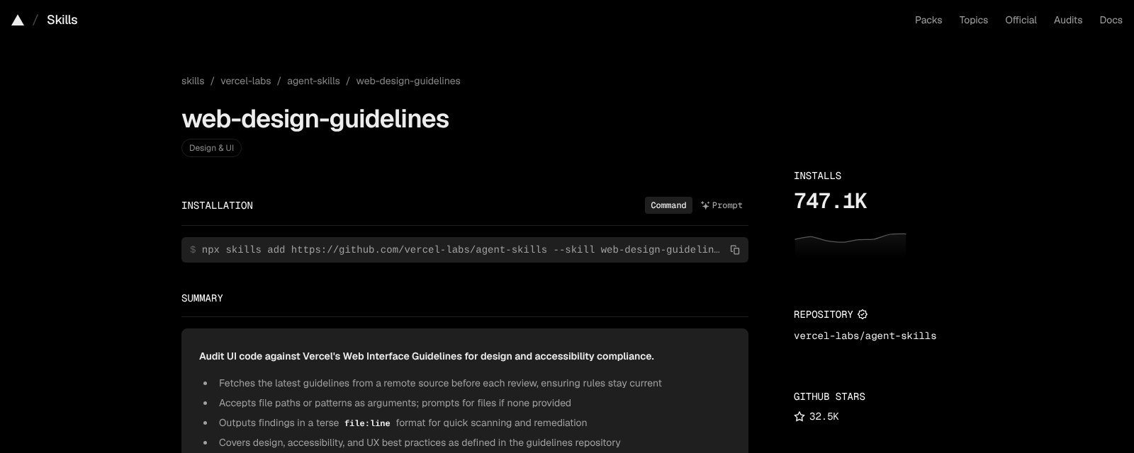 web-design-guidelines skill page on skills.sh with install command and install count