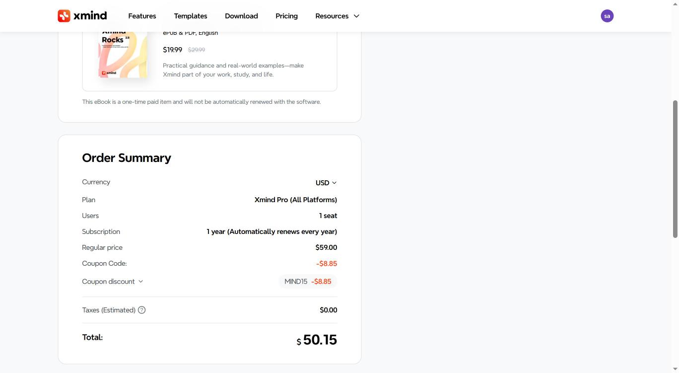 XMind checkout with coupon MIND15 applied, Pro yearly total $50.15