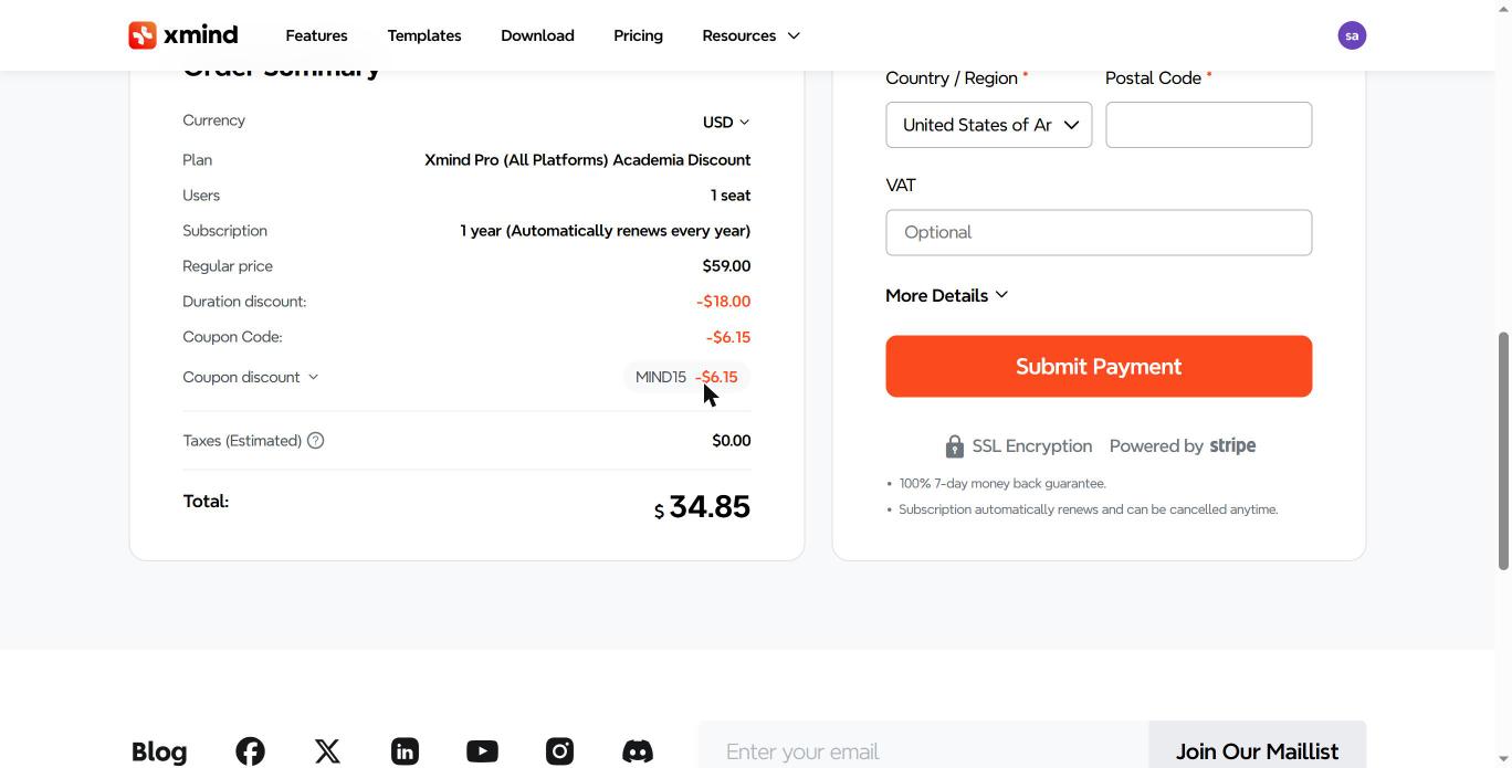 XMind education checkout with MIND15 applied, Pro yearly total $34.85