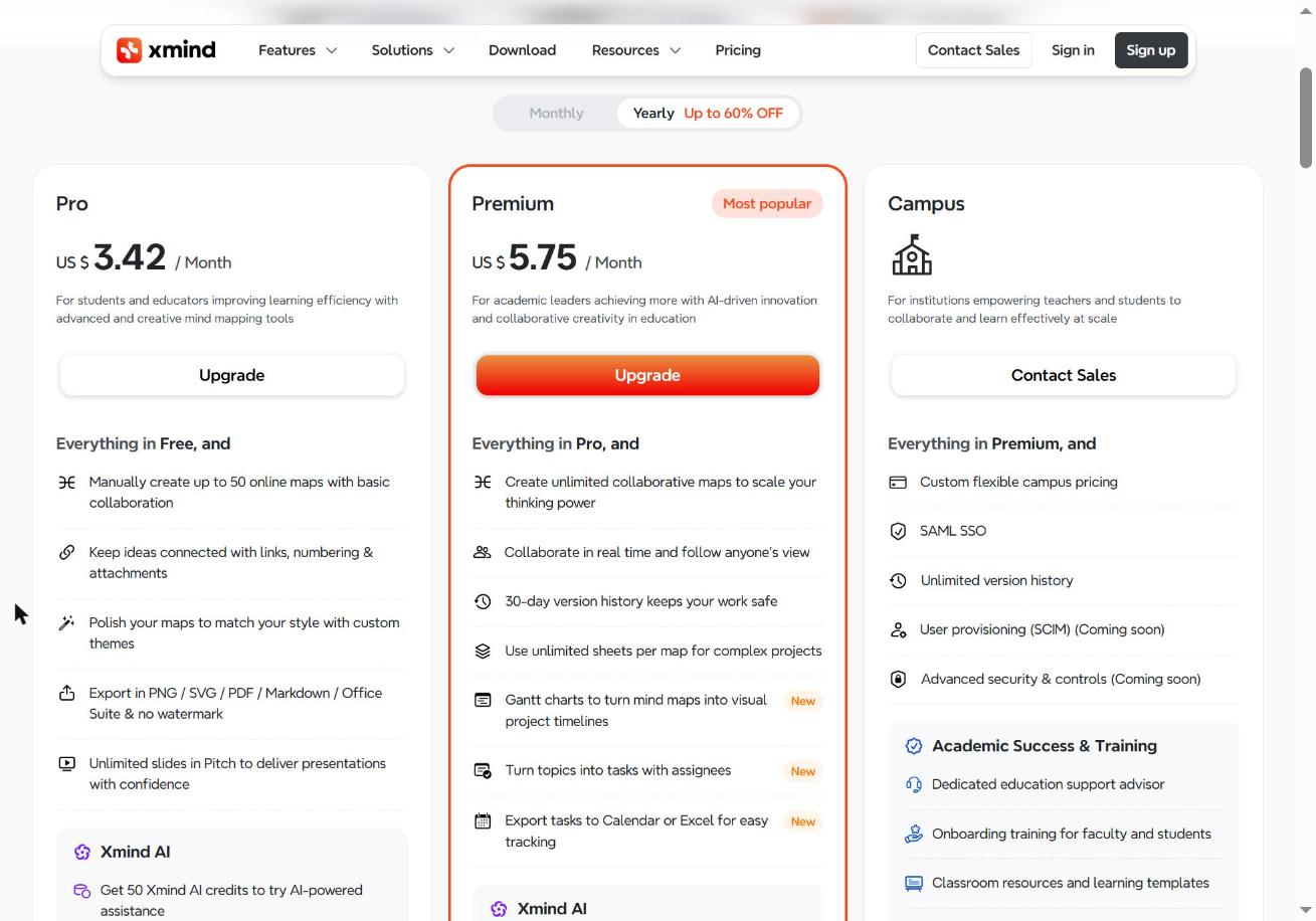 XMind Education pricing: Pro $3.42/month and Premium $5.75/month on yearly billing