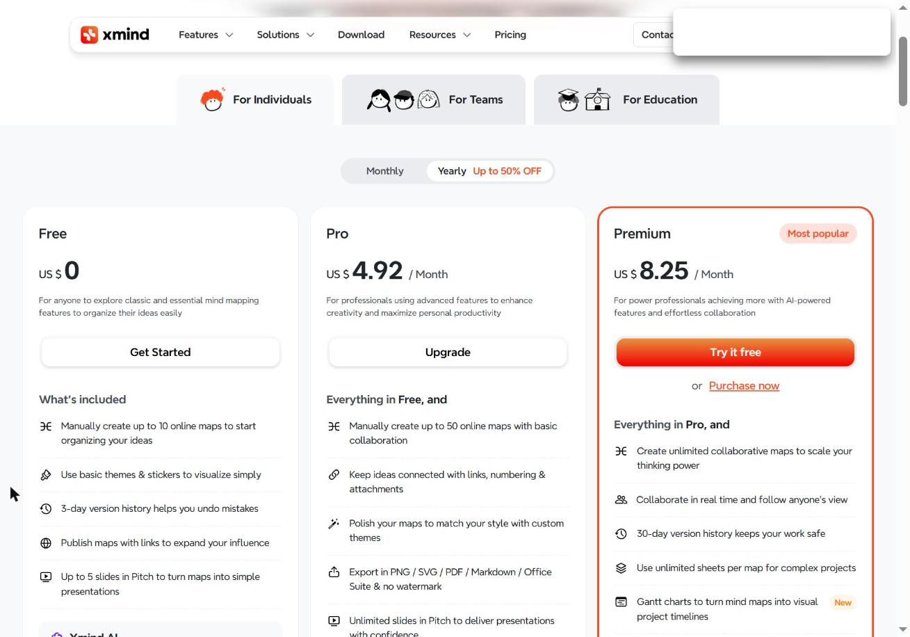 XMind pricing page showing Free, Pro and Premium plans on yearly billing