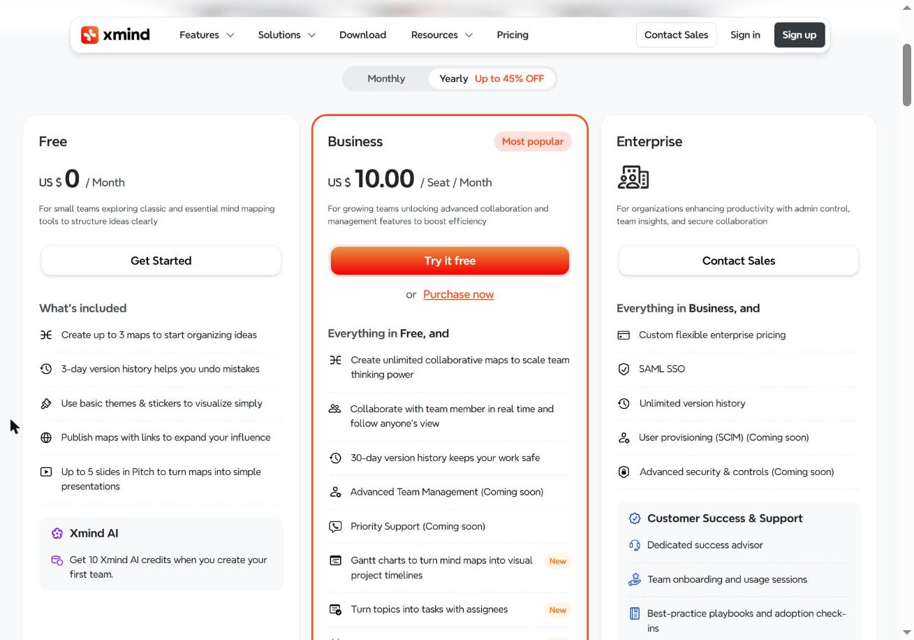 XMind Teams pricing: Free, Business at $10 per seat per month yearly, and Enterprise